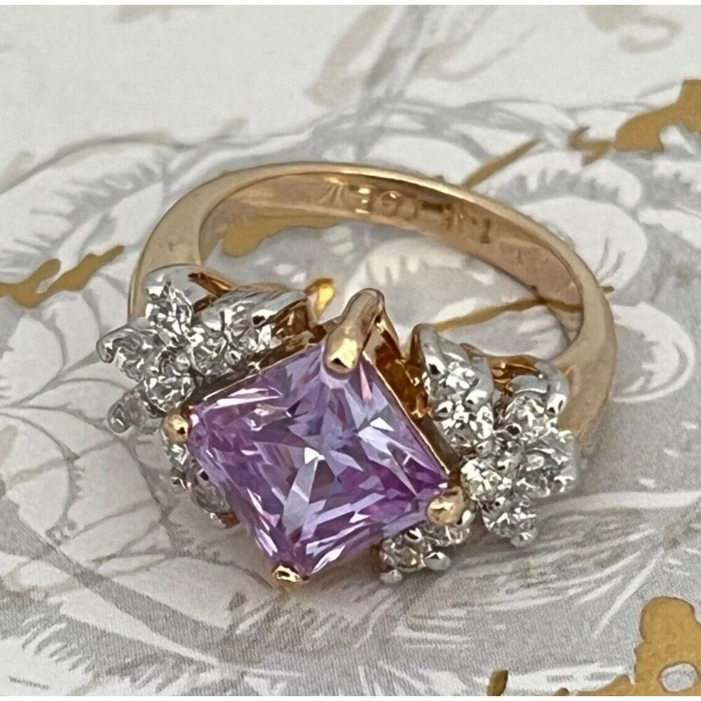 Vintage 1980s Lavender CZ Ring Size 8 Princess Cut 14KTGE Gold Plate - 14F